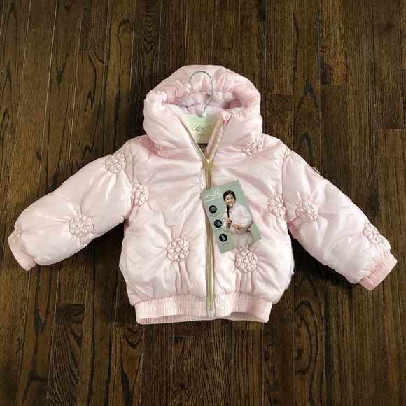 Le Chic Girls 3Y Pastel Pink Hooded Floral Faux Pearl Puffer Jacket w/Fur - NWT! - Picture 2 of 10